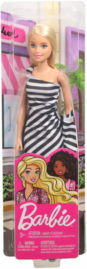 Poza cu PAPUSA BARBIE TINUTE STRALUCITOARE BLONDA CU ROCHITA ALB-NEGRU