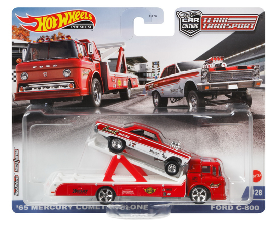 Poza cu HOT WHEELS TRANSPORTATOR MERCURY COMET CYCLONE 65' CU MASINUTA  FORD C-800 SCARA 1:64