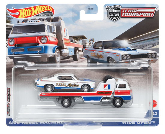 Poza cu HOT WHEELS TRANSPORTATOR WIDE OPEN CU MASINUTA AMC REBEL MACHINE SCARA 1:64