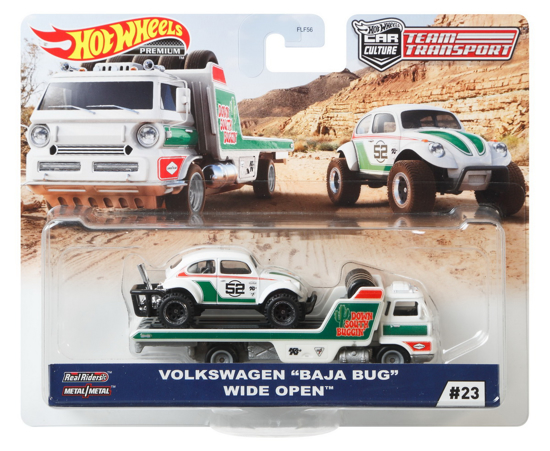 Poza cu HOT WHEELS TRANSPORTATOR WIDE OPEN CU MASINUTA VOLKSWAGEN BAJA BUG SCARA 1:64