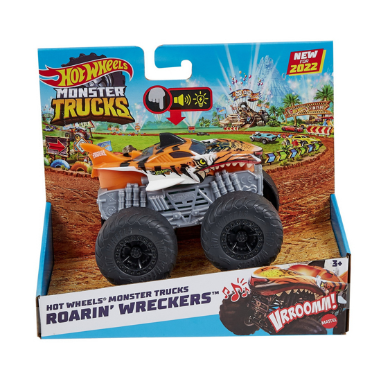 Poza cu HOT WHEELS MONSTER TRUCK ROARIN WRECKERS TIGER SHARK CU FUNCTII SI SUNETE SCARA  1:43